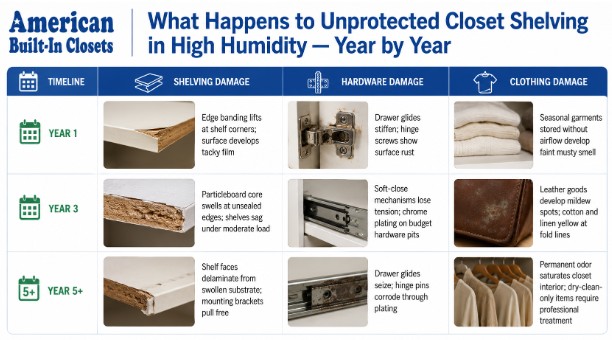 What Happens to Unprotected Closet Shelving in High Humidity — Year by Year